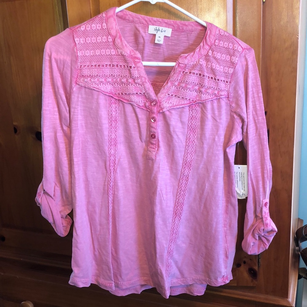 Style & Co Pink Button Up Quarter Sleeve Shirt